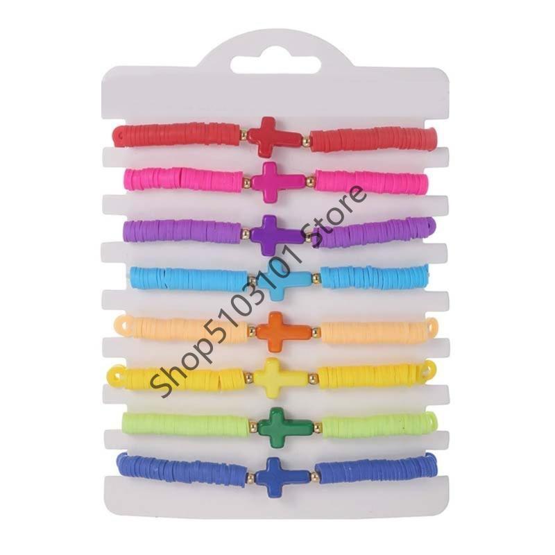 

8pcs Bohemian Colorful Polymer Cross Bracelet New Beach Style Stretch Bracelets Set for Women Girls