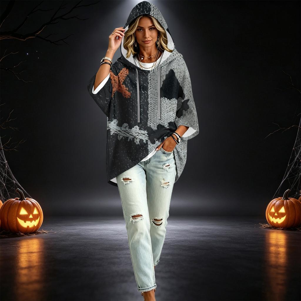 Damenmode Dreiviertelarm Halloween-Print Kapuzenpullover Top