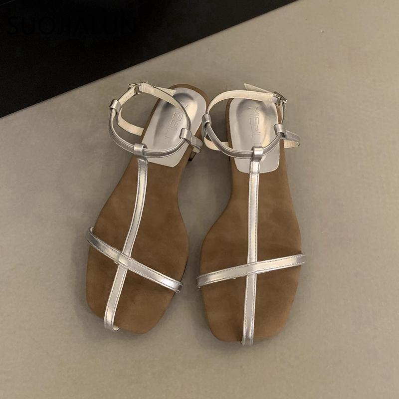 Fashion SUOJIALUN Summer New Brand Women Sandal Shoes Fashion Narrow Band Ladies Elegant Gladiator Shoes Square Low Heel Dress Slides