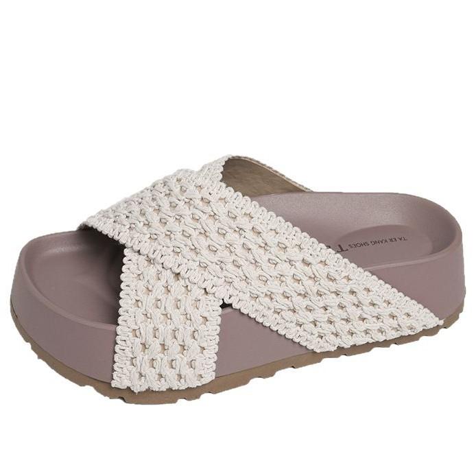 Slippers Women's 2025 New Outer Wear Summer Thick-soled Retro Woven with Cool Slippers Women's Straw-woven Boken Shoes