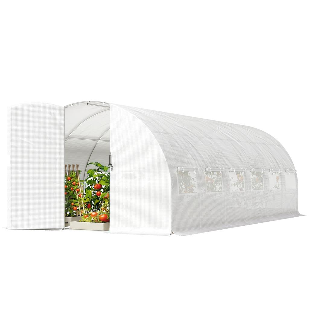 Tunnel Greenhouse, 18 m2, Door, 12 Windows with Mosquito Nets, 295 x 597 x 200 cm, White
