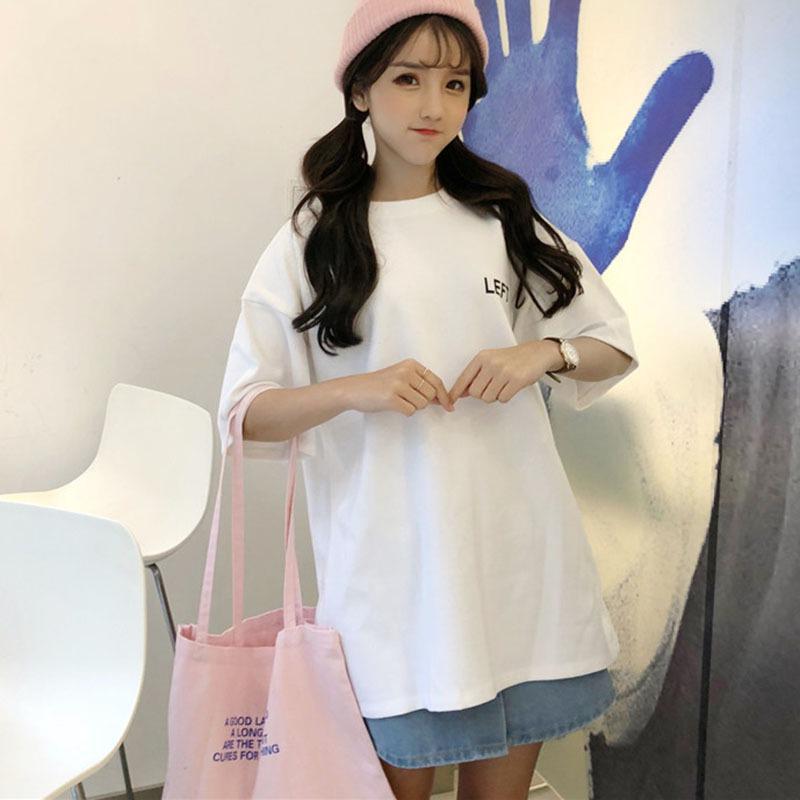 Women's T-shirt Summer Letter Tee Basic Shirts Women Solid O-Neck Short Sleeve Long Casual Female