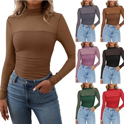 Dames Lente Basic T-shirts Tops Mesh Transparant Lange Mouw Coltrui Slim T-shirts