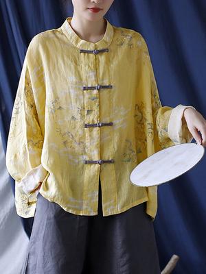 Frauen Vintage Fledermaus Ärmel Ramie Shirts Herbst Taste Langarm Blusen Drucken Floral Weibliche Shirts
