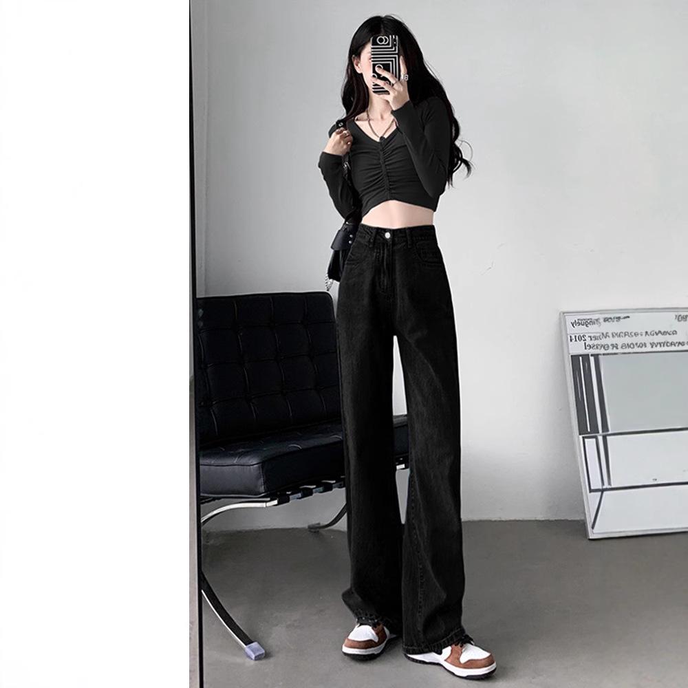 Women's Korean Style High Waist Wide-Leg Jeans - Trendy Loose Fit, Floor-Length Draping Pants