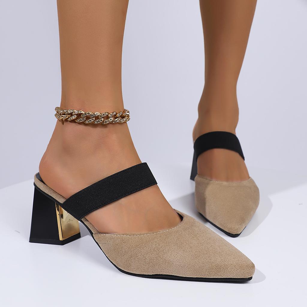 2025 New Women Pointed Toe Slippers Thick Heel Sandals Comfortable High Heel Lazy Slip-On Shoes Women Zapatos De Mujer