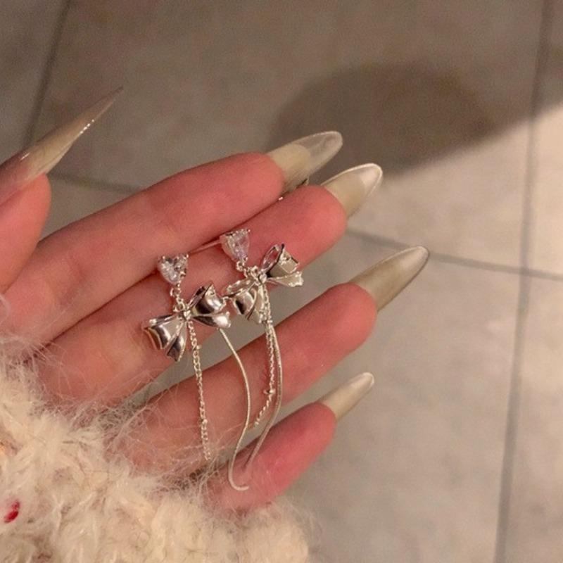 Sweet Signal~ Silver Needle Zircon Bow Fringed Earrings Exquisite Elegance Earrings Daily Versatile Earrings