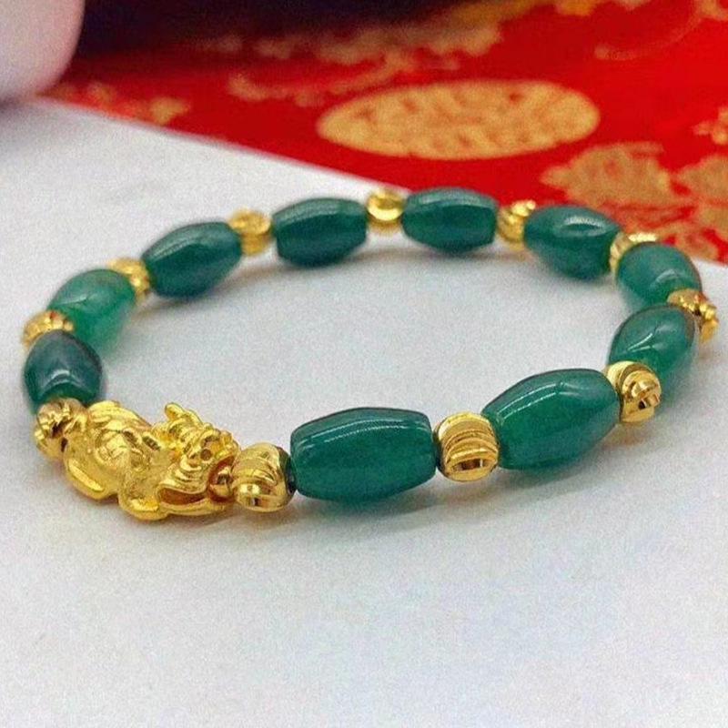 Vietnamese Sand Gold Jade Pixiu Bracelet for Men and Women - Copper Gold-Plated Beads, Imitation Hard Gold Pixiu Design.