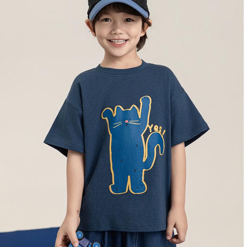 Boy s Trendy Cat Print Antibacterial Short Sleeve T-Shirt 120cm