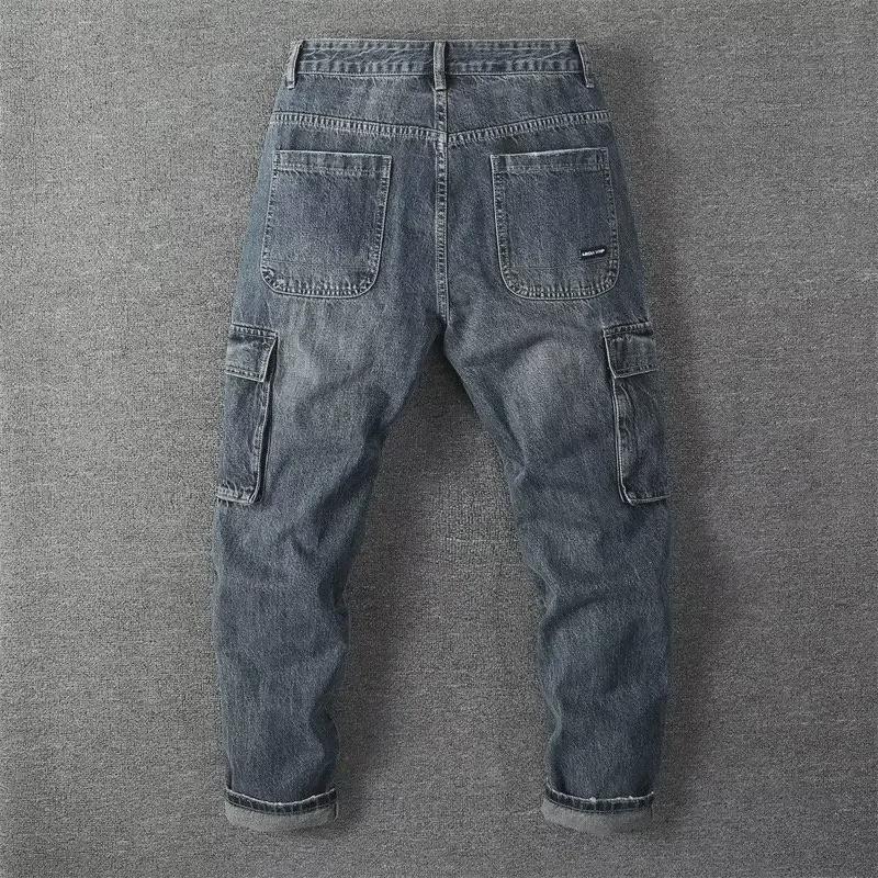 2023 Trendige Amerikanische Retro Herrenbekleidung: Gerade Jeans mit mehreren Taschen im Loose-Fit für den Herbst
