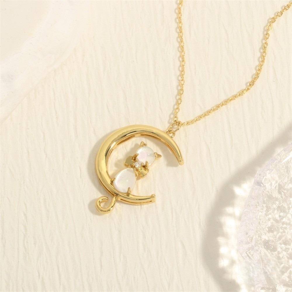 Zircon Cat Pendant Necklace Crystal Neck Chain Aesthetic Crescent Moon Necklace Party Favors Gold White