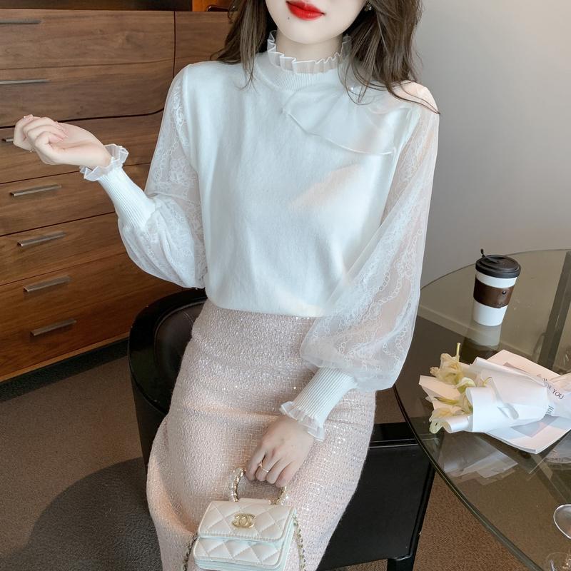 Temperament Spinning Spitze Laterne Ärmeln Gestrickte Pullover Stehkragen Rüschen Bodenbildung Top Weibliche Lange Hülse Knittwear