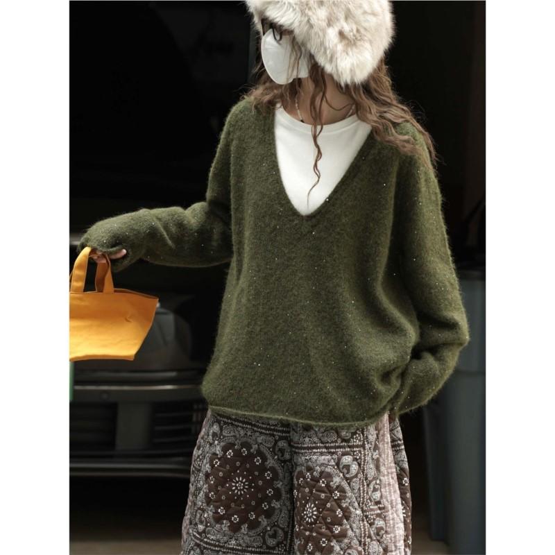 Johnature Winter Korean Style V-Neck Knit Sweater Loose Casual Pullover Simple Green Women Sweaters
