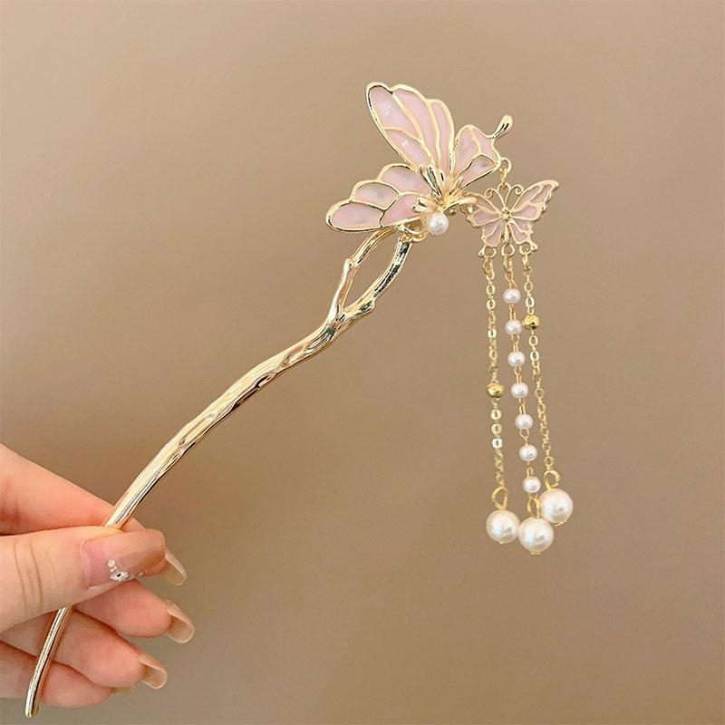 Rosa Blume Haarstäbe Gabeln Retro Chinesischer Stil Legierung Haarnadeln Seitenclips Kette Quaste Perlen Anhänger Dekor Frauen Haarschmuck