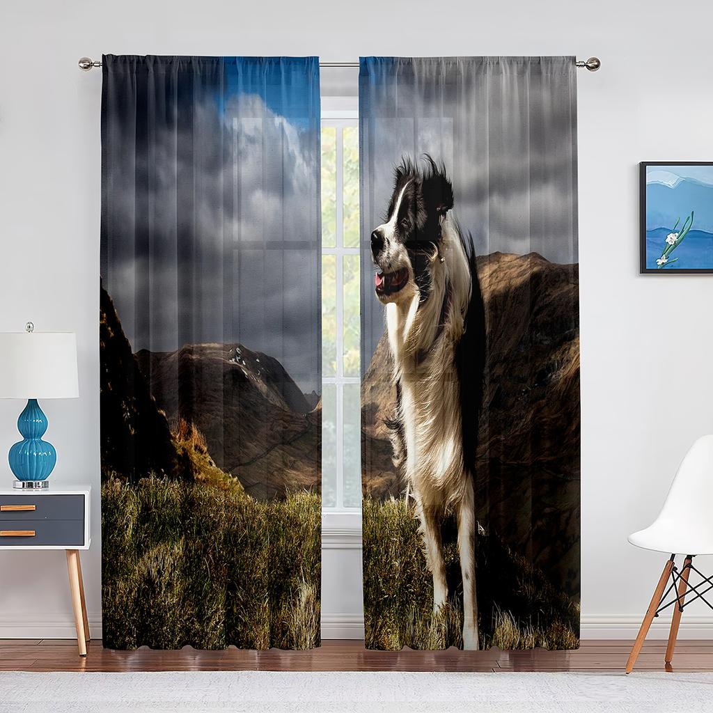 Animal Dog Australian Shepherd Lays In Pink Flowers Tulle Curtains for Living Room Bedroom Decor Transparent Sheer Voile Curtain