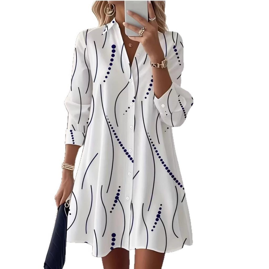 Spring Autumn Women's Casual Elegant Printed Shirt Dress, In Stock For Crossborder EU US Size