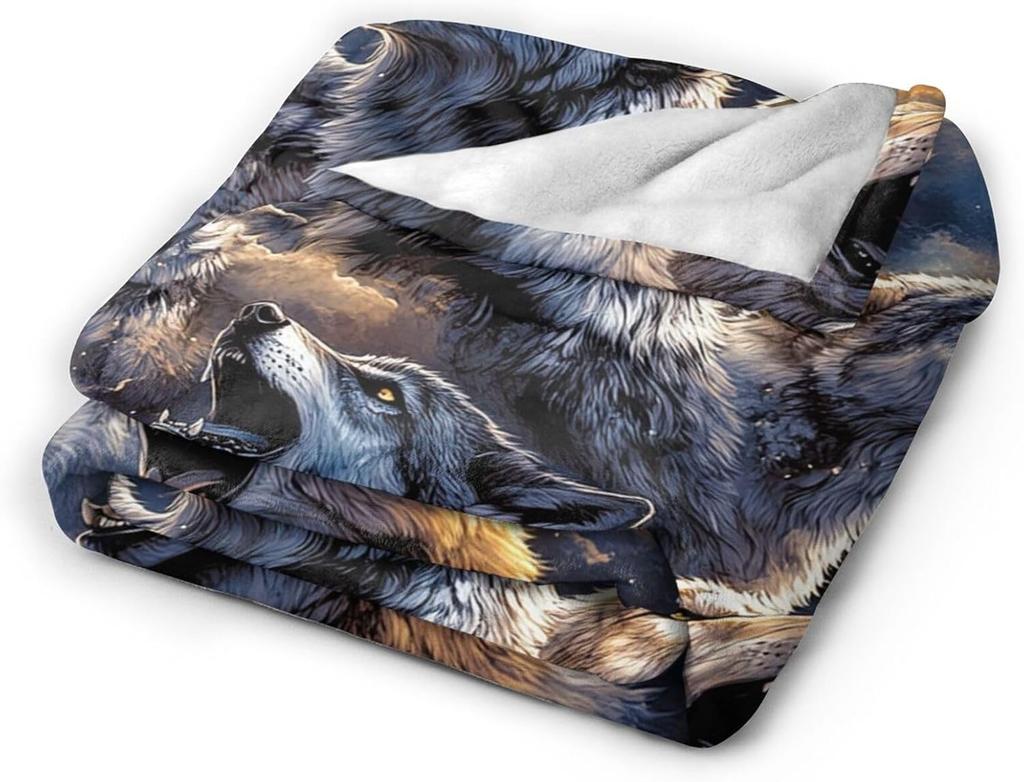 Howling Wolves Moon Night Sky Blanket Artistic Wildlife Print Soft Fleece Throw Home Decor Gift for Nature Lovers