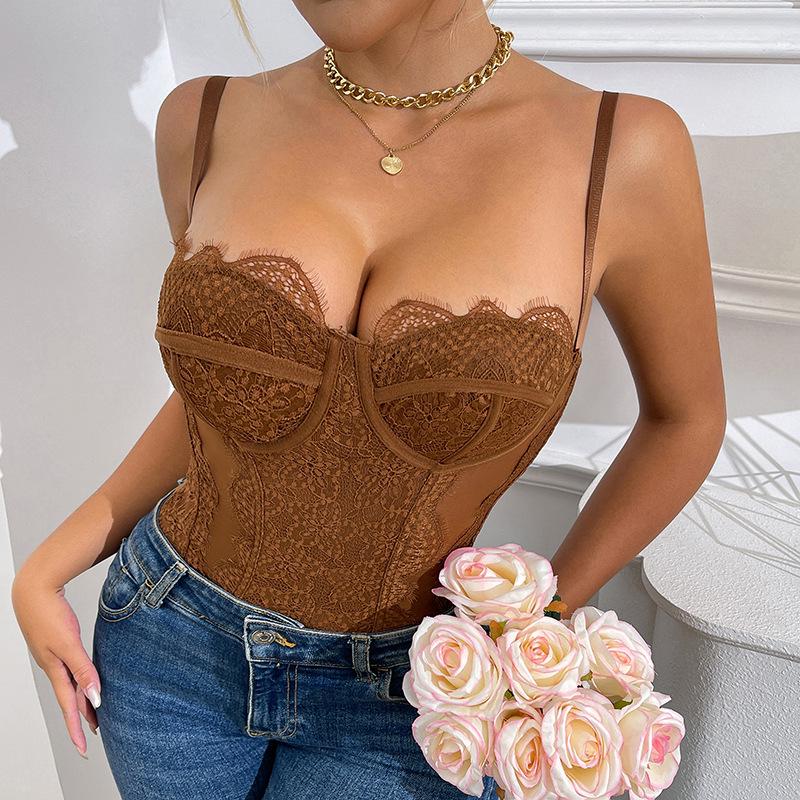 European & American Multi-Color Lace Patchwork Sexy Bodysuit - Slim Fit See-Through Suspender