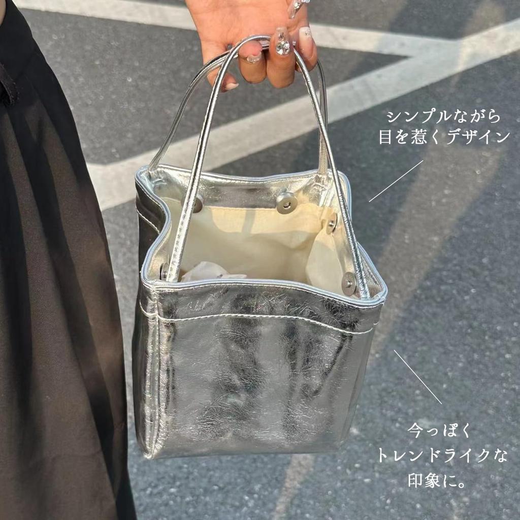 Lapimou Handbag, Bucket Bag, Silver Bag for Women, Silver and Black, Popular Korean Style, Cute, Stylish, Casual, Large Capacity, Perfect for