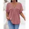 2026 Spring/Summer New Plus Size Solid Color Women's V-Neck T-Shirt Loose Top with Zipper Short Sleeves and Faux Pockets