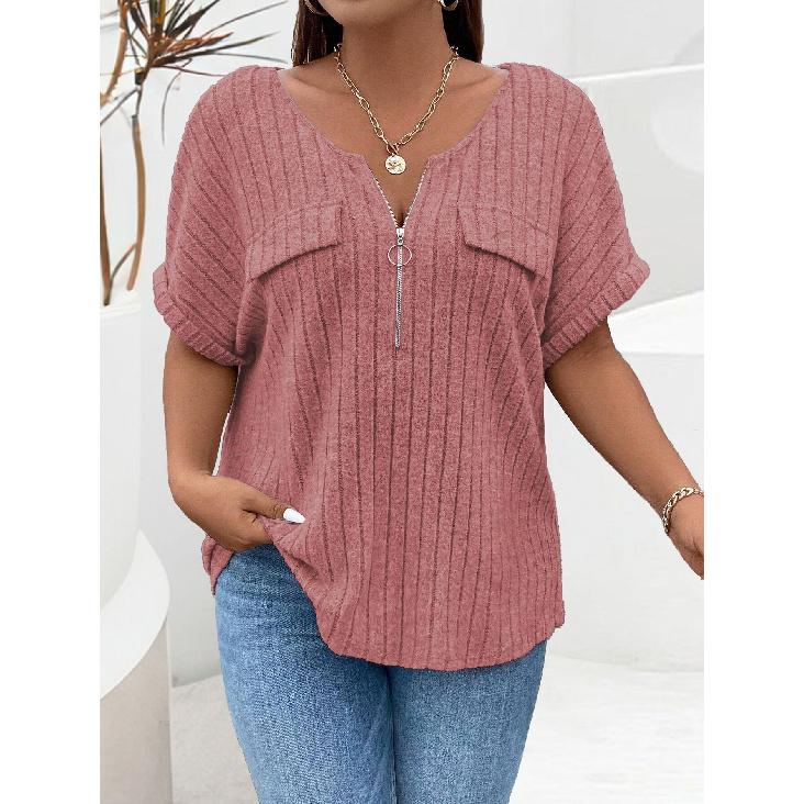 2026 Spring/Summer New Plus Size Solid Color Women's V-Neck T-Shirt Loose Top with Zipper Short Sleeves and Faux Pockets