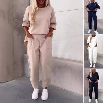 2 Pcs/Set Women Top Pants Suit Round Neck Long Sleeves Solid Color Mid Length Sweatshirt Elastic Waist Trousers Daily Wear Sport Outfit Tracksuit
