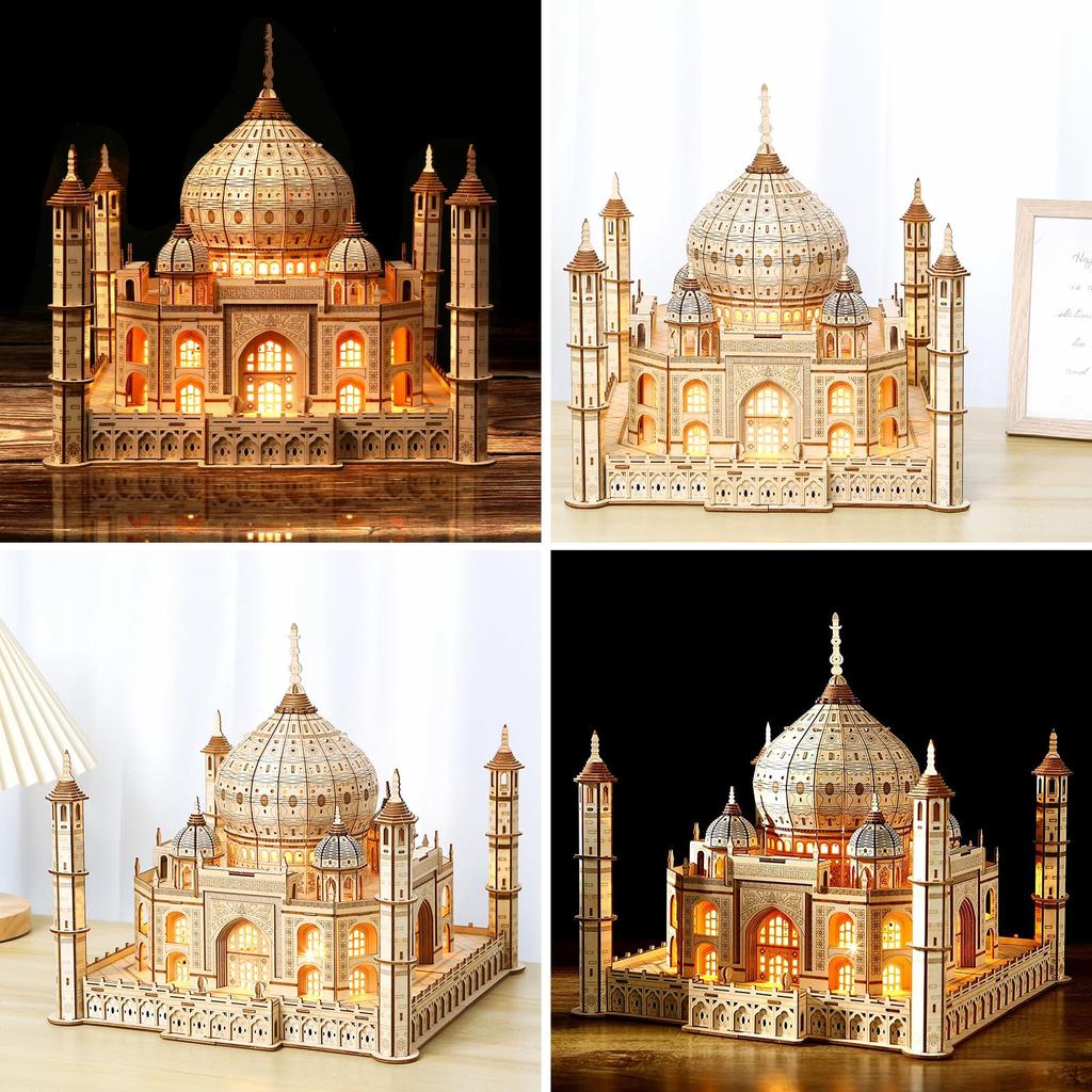 Hallisun 3D Wooden Taj Mahal Wooden Model with LED Indian 3D DIY Mechanical Building Adults Japanese Instruction Manual Vintage Home Birthday 388