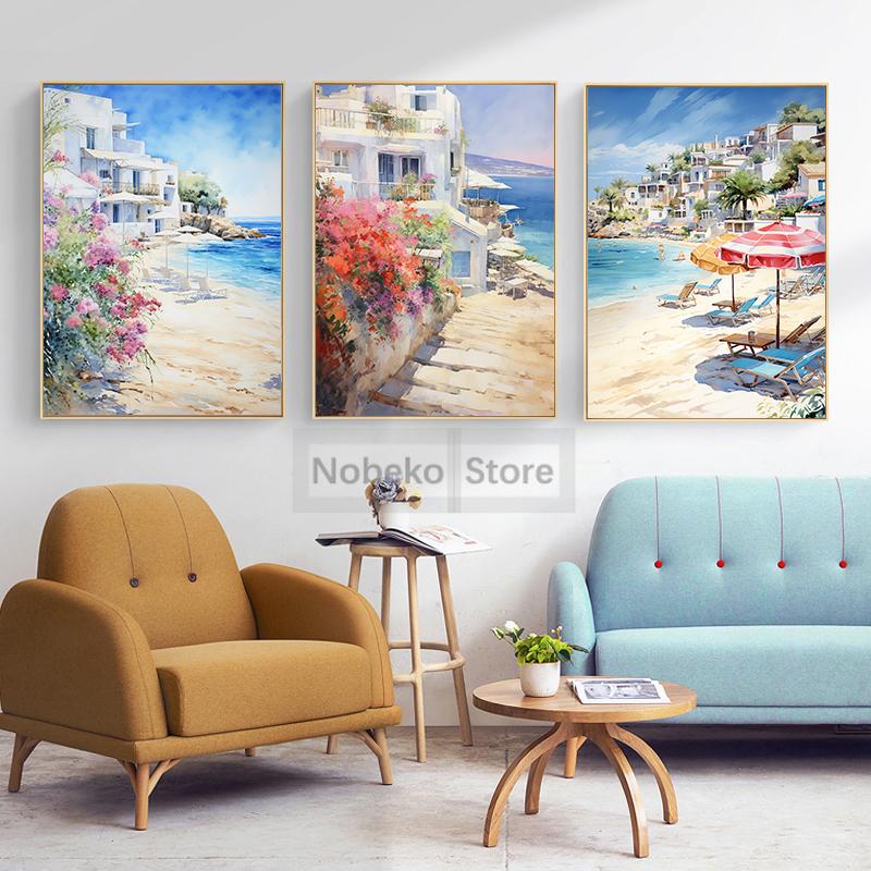 Watercolor Style Mediterranean Coast Sea Poster Seaside Landscape Prints Canvas Painting Wall Art Pictures Home Room Beach Decor