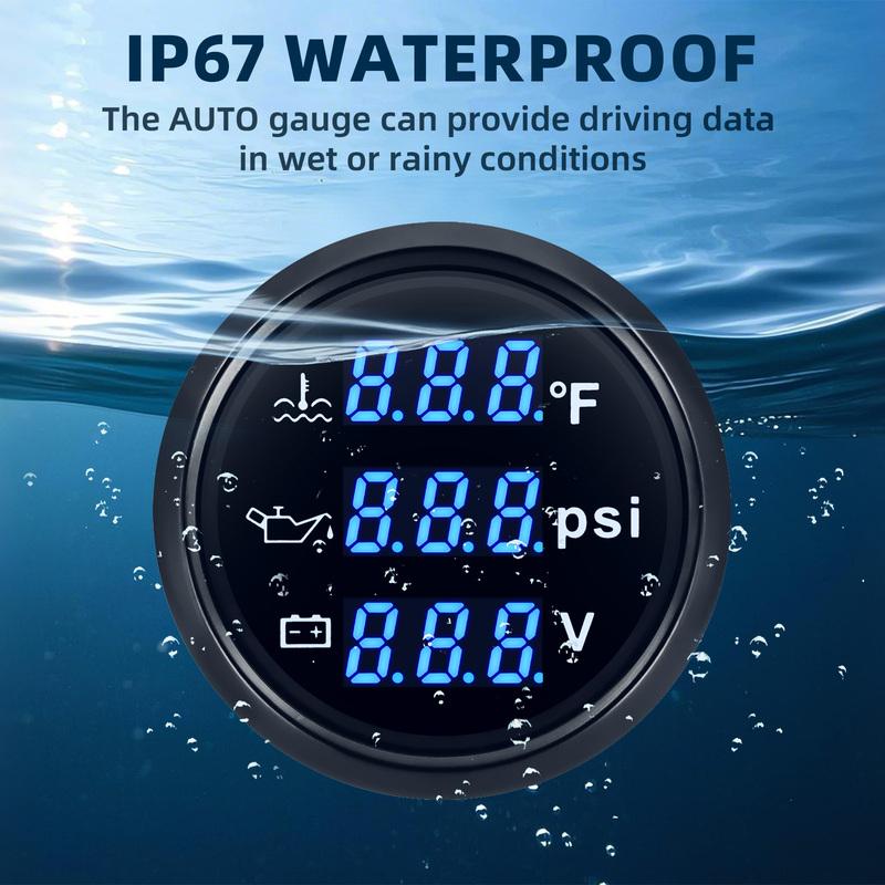 3 In 1 Digital 52mm Gauge with Alarm Water Temperature + Oil Pressure + Voltage Display Meter Sensor Kit For 12V24V Vehicle Boat