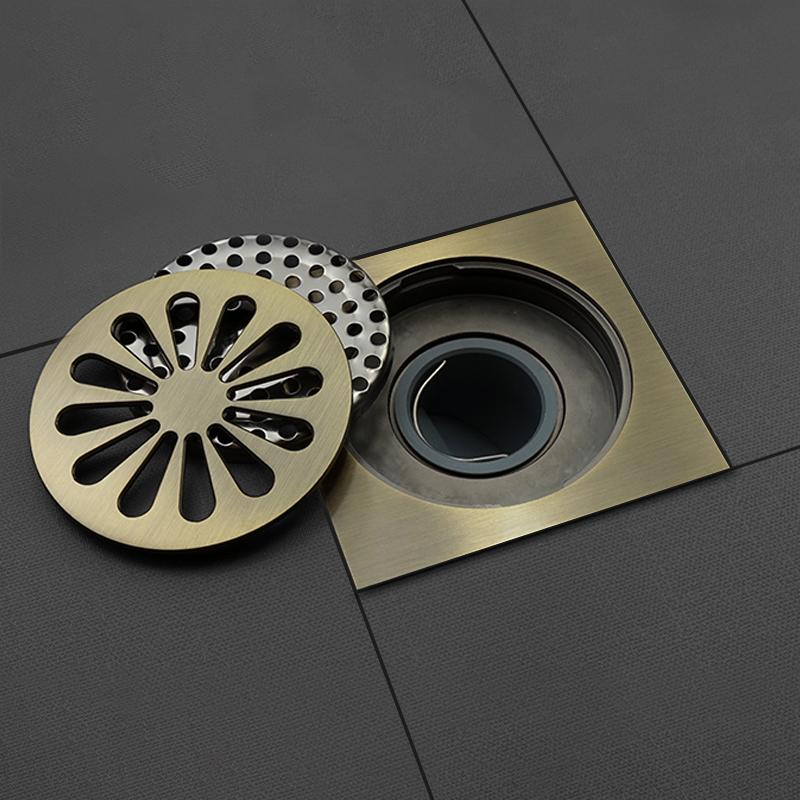 Mattschwarzer Duschablauf aus Messing, Bodenablauf für Badezimmer, Flieseneinsatz, quadratisch, geruchshemmende Abfallgitter, 100 mm, Eckbodenablauf aus Bronze