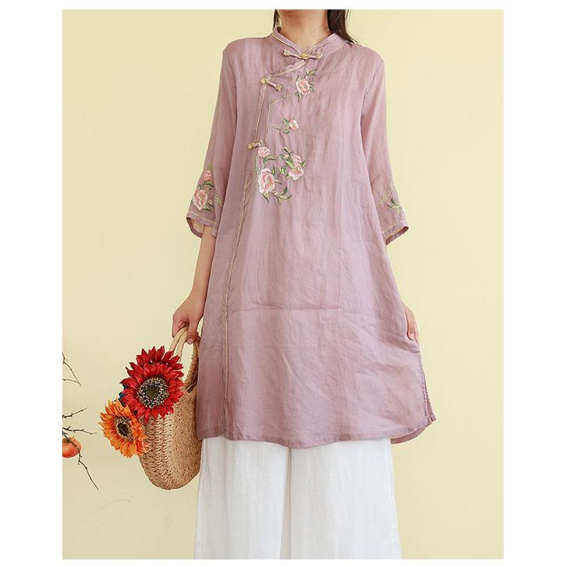 Zen-style Frog Button Retro Shirt Spring/summer Mid-length Embroidered Ethnic Style Three-quarter Sleeve Stand Collar Top for Women