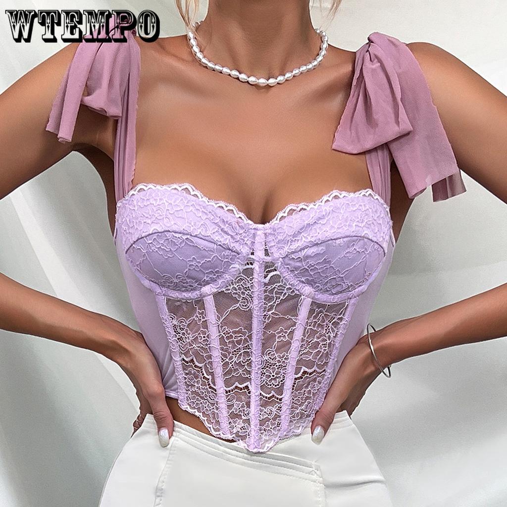 Europe and America Lace Tie Straps Tops Steel Ring Fishbone Hollowing Out Sling Fashionable Girls Cool and Refreshing In Summer