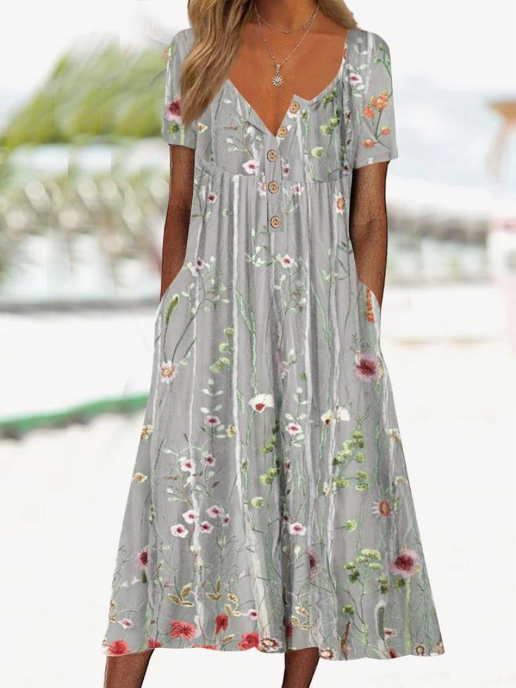 Women's Floral Print V-Neck Short Sleeve Button Front Casual Dress with Pockets