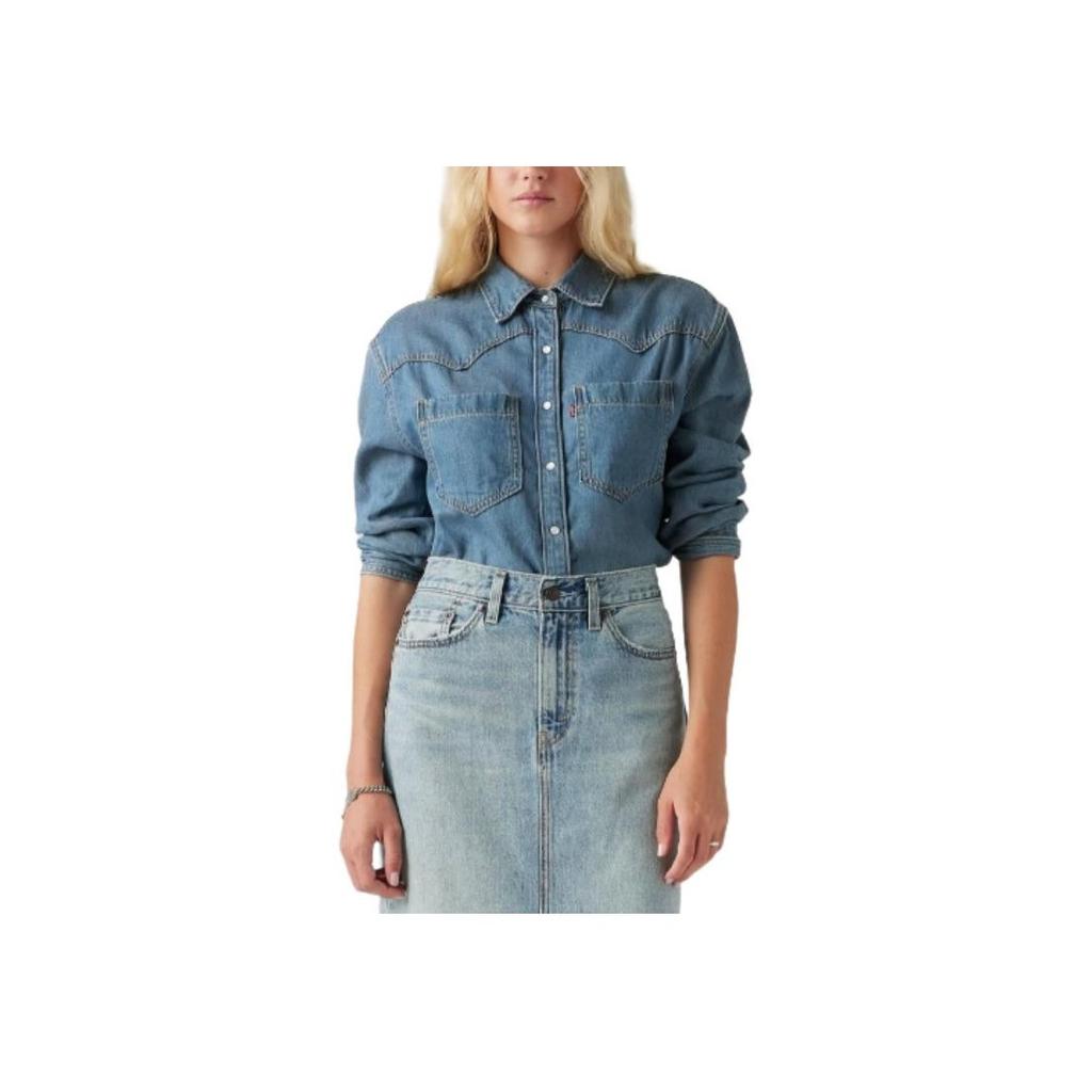 Levis Solid Color Loose Fit Square Neck Denim Long Sleeve Shirt Women shirts Blue A7244-0006