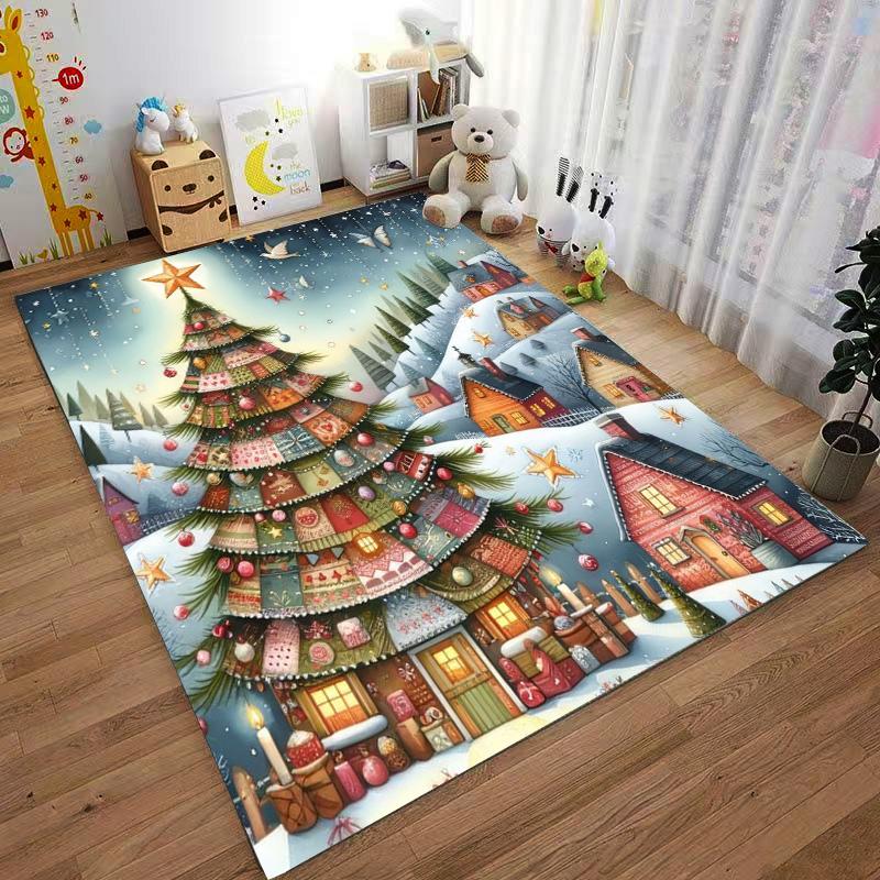 "Christmas Tree Carpet with Festive Houses and Snowy Scenery Design" Suitable for Use As an Anti-slip for Living Room Bedroom Sofas