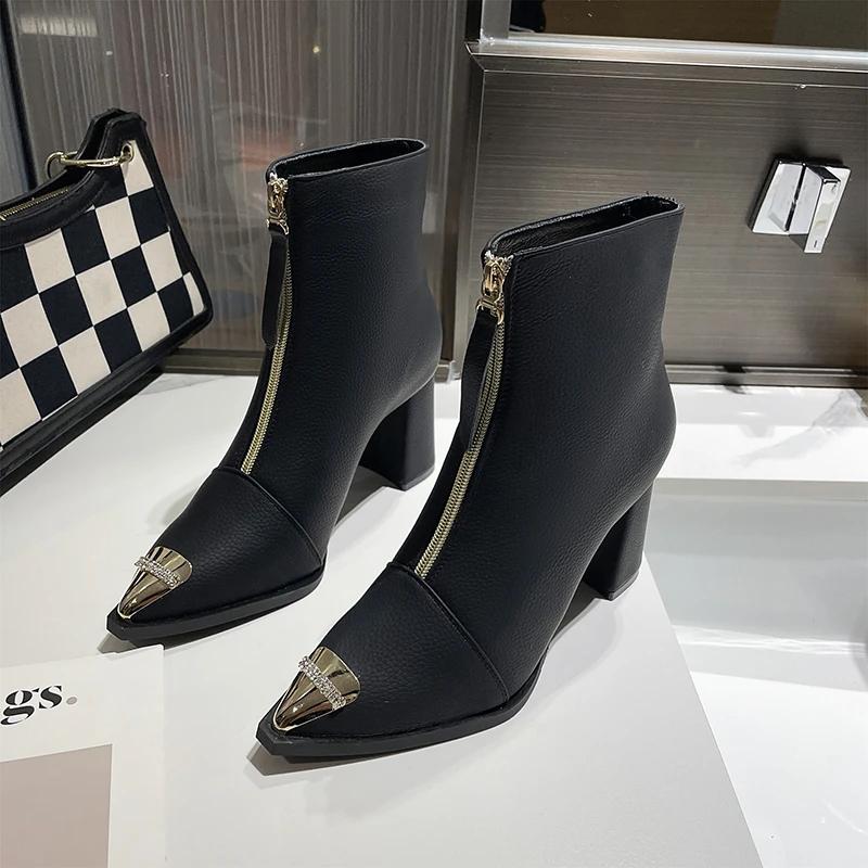 

Ботильоны на высоком каблуке женские роскошные с острым носком элегантные кожаные туфли женские зимние трендовые офисные туфли на молнии 2025 года Botas Mujer 39 чёрный