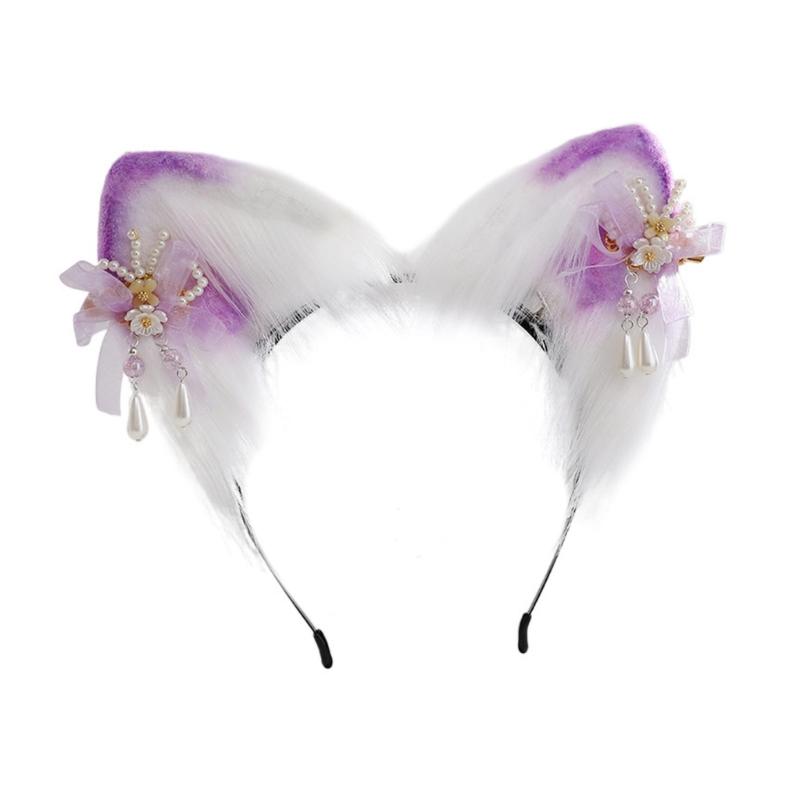 Bandeau Oreilles de Chat Dessin Animé avec Épingle à Cheveux Fleurie Support de Cheveux Accessoire de Tête Cosplay Fête