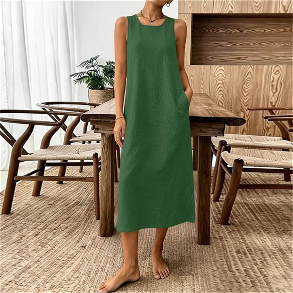 Ärmelloses Damen-Freizeitkleid aus Leinen-Baumwollmischung, Midi, lockere Passform, Rundhalsausschnitt, Sommer-Strandkleid mit Taschen