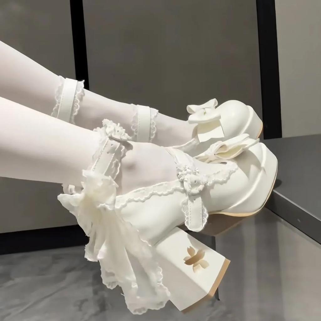Adorabili Scarpe con Tacco Alto e Plateau Rosa Lolita con Fiocco a Farfalla per Ragazze e Donne, Carini Mary Jane con Abito Sakura