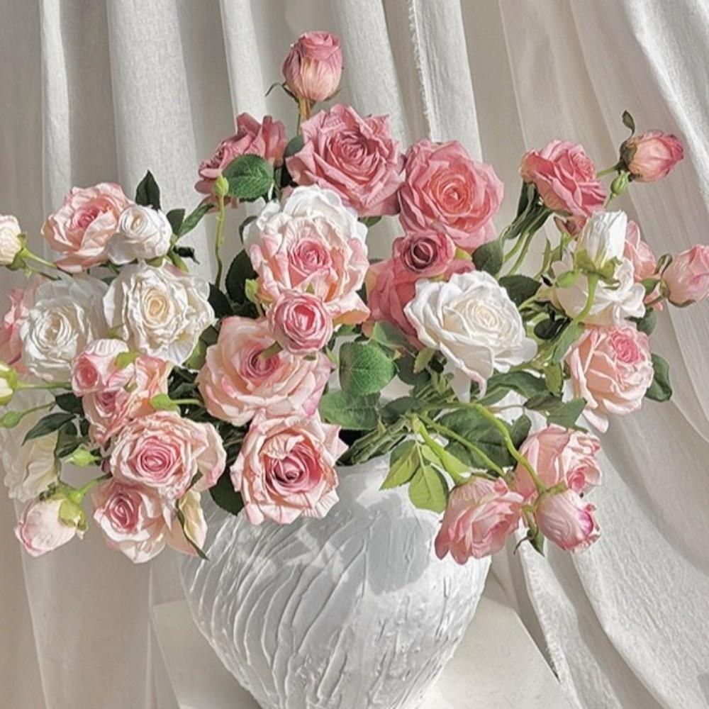 Realistic Artificial Rose Flowers 3 Head Romantic Silk Simulation Rose Lifelike Burnt Edge Fake Peony Bouquet Home Decor