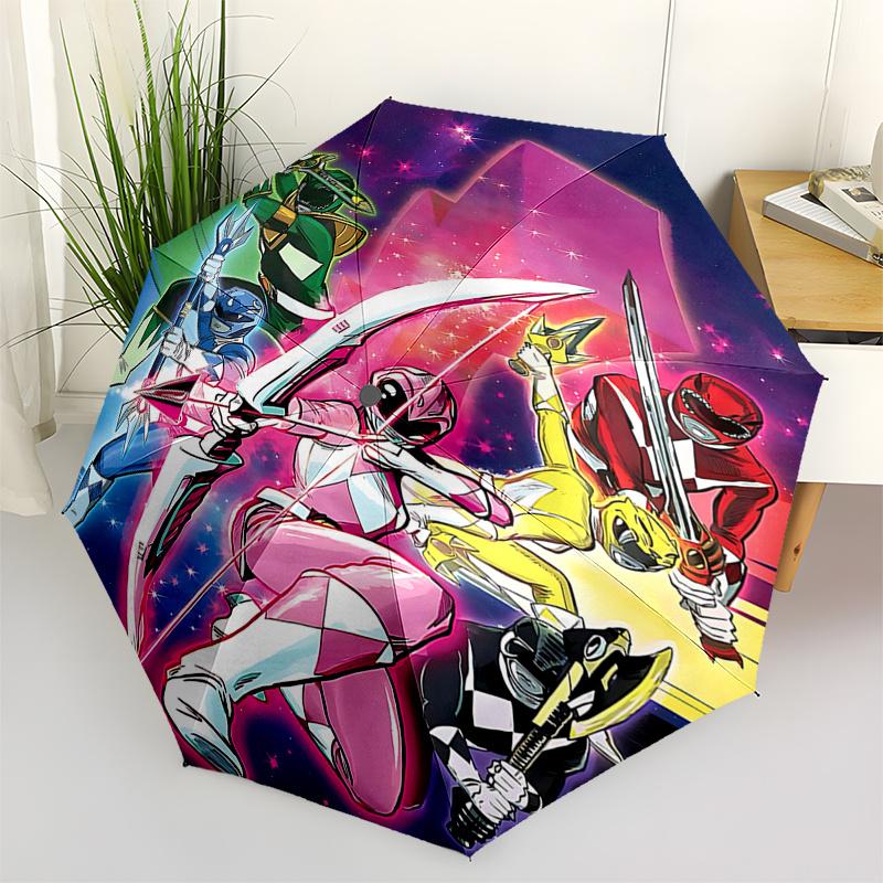 Pink Ranger Automatic Folding Umbrella: Portable 3-Fold Design with 8-Bone Frame - Perfect for Fans, Travelers, and Daily Use0104329a