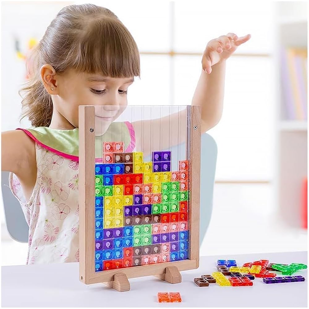 Wooden Tetris Puzzle Toy Game 3D Montessori Building Blocks Educational Puzzle Brain Training Tim...