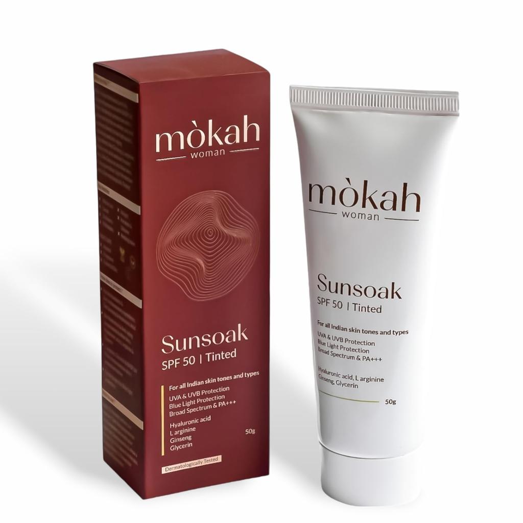 MOKAH WOMAN Sunsoak Tinted Sunscreen Spf 50+|Broad Spectrum Uva/Uvb Pa+++,No White Cast,No Stickiness,Super Light|For Sensitive Skin|Hyaluronic A