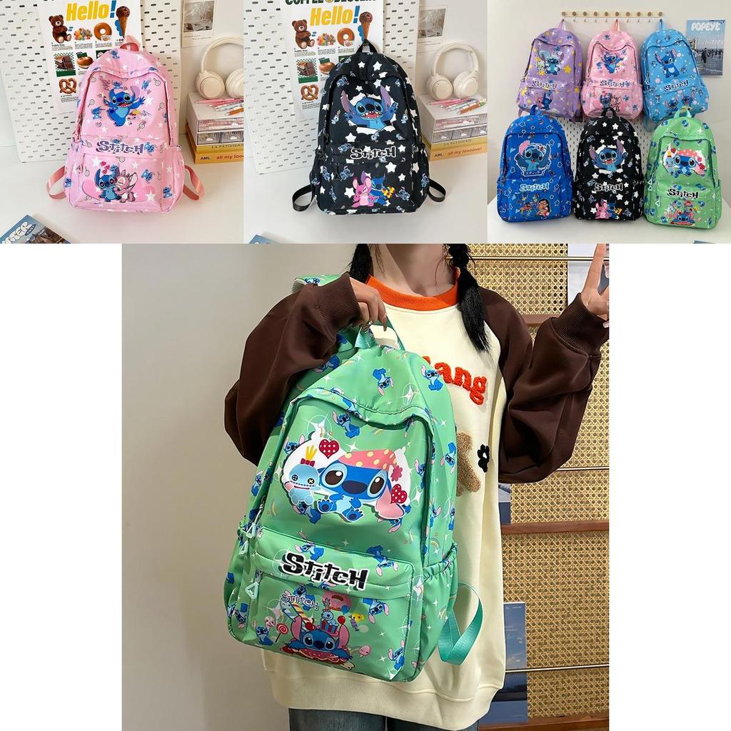 Stitch Cartoon School Backpack With Nylon Material And Antiload Burden For Middle School Students