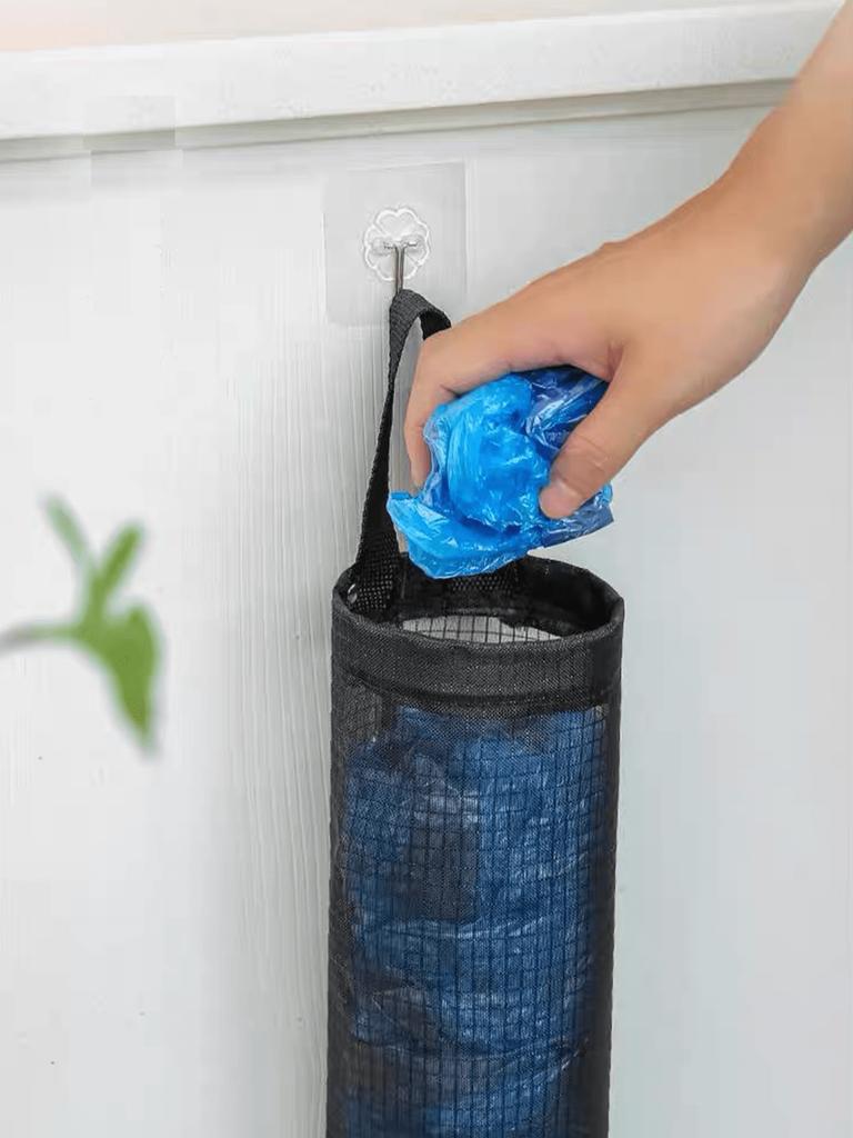 1pc Garbage Bag Storage Hanging Bag, Wall-Mounted Drawstring Shoe Storage Bag, Kitchen Plastic Bag Organizer, Woven Mesh Bag,Plastic Bag Holder