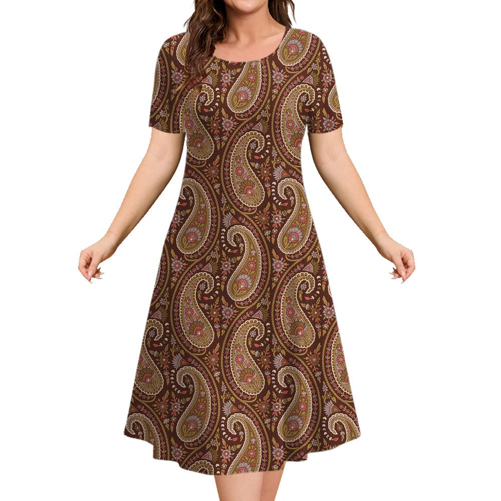 Summer Ladies Retro Casual Dress 3d Printing Loose Round Neck Short-sleeved Dress Suitable for Daily Wear