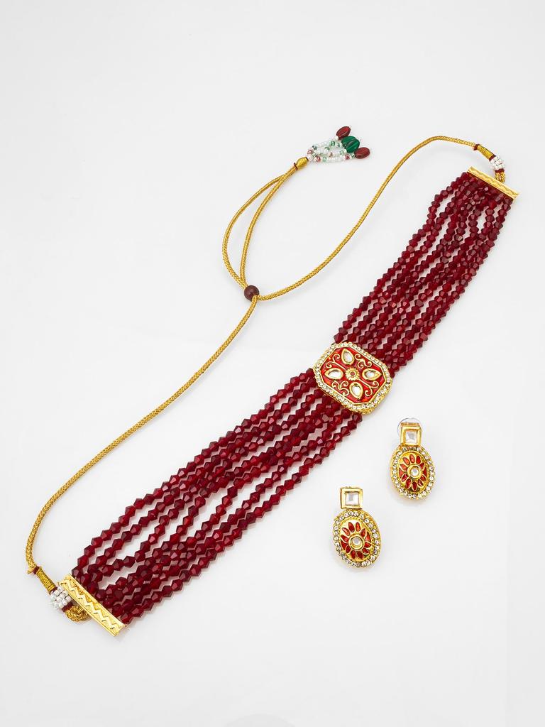 Gold-Plated Maroon Stone-Studded & Beaded Handcrafted Jewellery Set