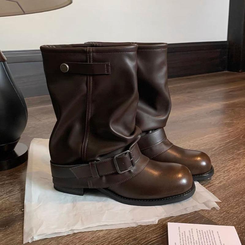 

Men Women Spring Autumn Boots Leather Black Brown Western Style Knight Pleated Buckle Strap Retro Mid Heels Botas Mujer Footwear Lady Shoes 36