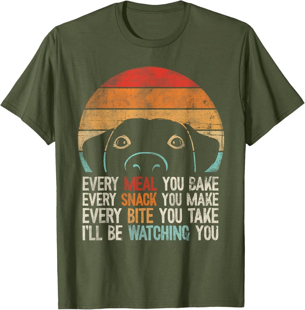 Funny Dog Watching You Eat Retro Sunset Labrador Retriever Graphic T-Shirt Casual Cotton Tee
