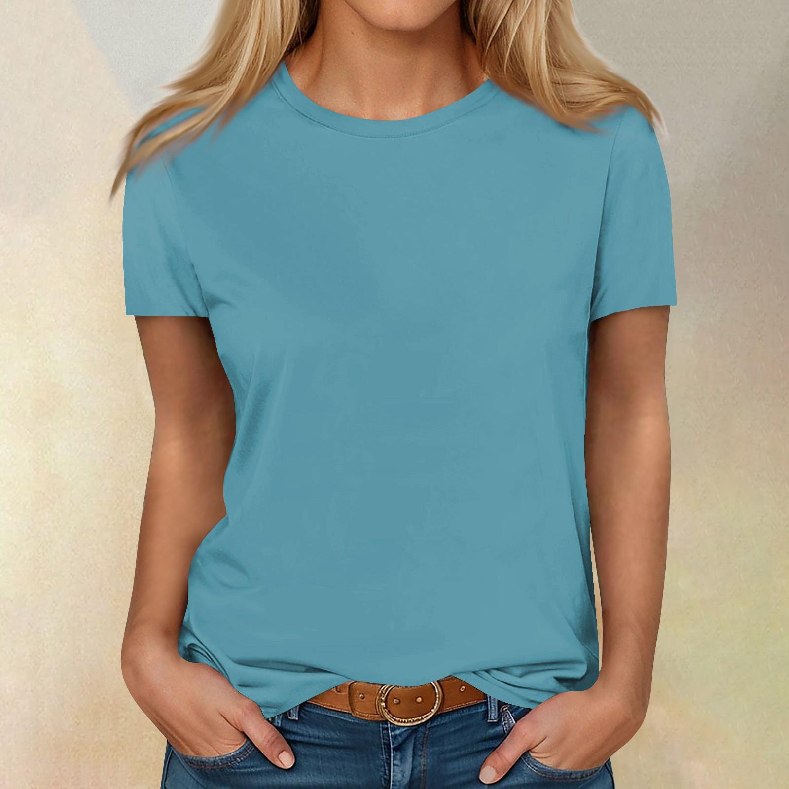 

Рубашки с коротким рукавом для женщин, милые топы, однотонные футболки, блузки, повседневные базовые топы больших размеров, пуловеры S небесно-голубой